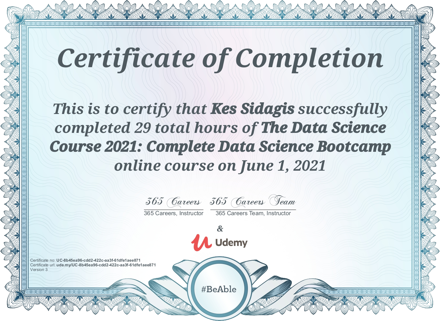 Data Science Bootcamp certificate